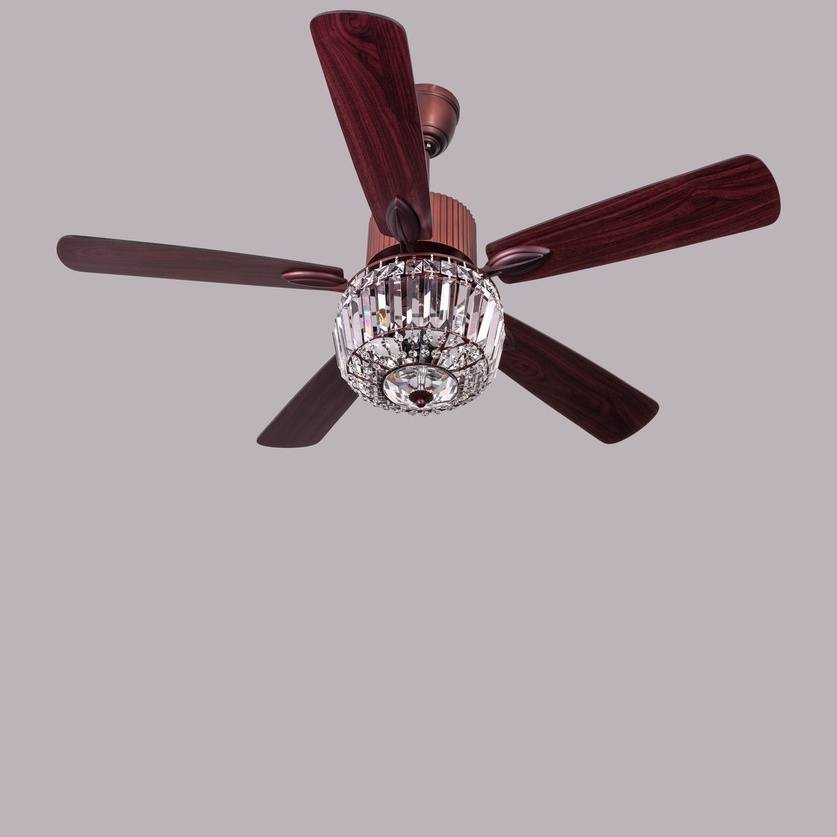 Encrusted (132 cm Span, Mahogany Color Metal Body, Mahogany Finish MDF Blades) Crystal Chandelier Ceiling Fan
