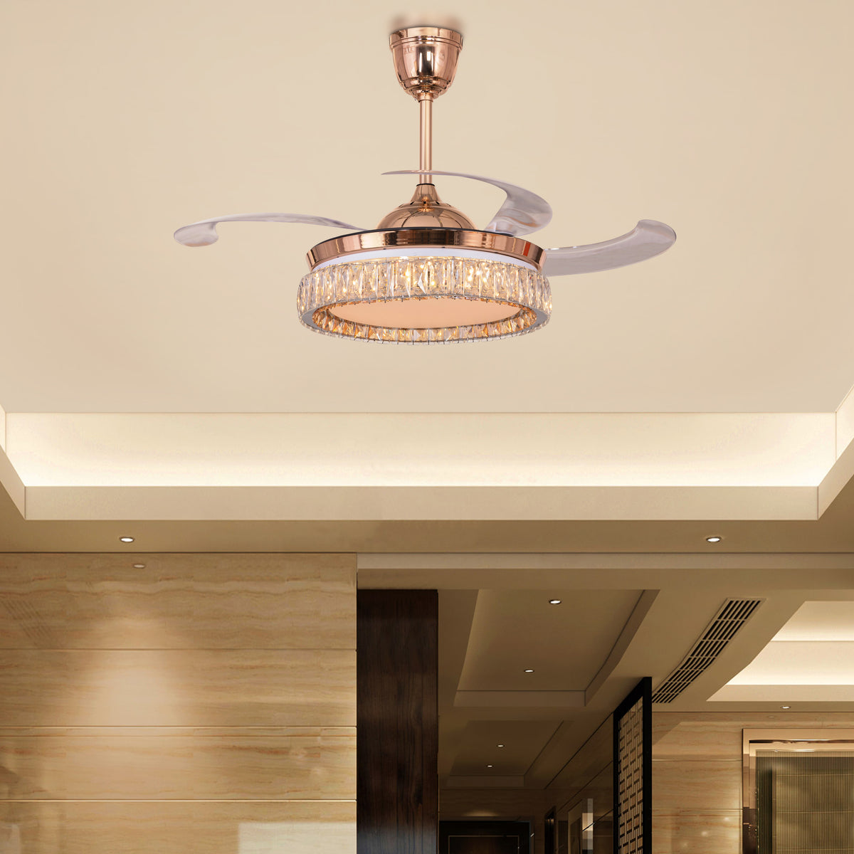 Through The Fire (112 cm Span, Matte Gold Finish Metal Body, Transparent ABS Plastic) 3 Color LED With Remote Control Crystal Chandelier Ceiling Fan