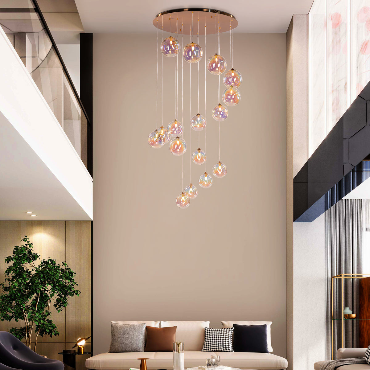 Cosmic Trails (Gold, Clear) Iridescent Double Height Chandelier