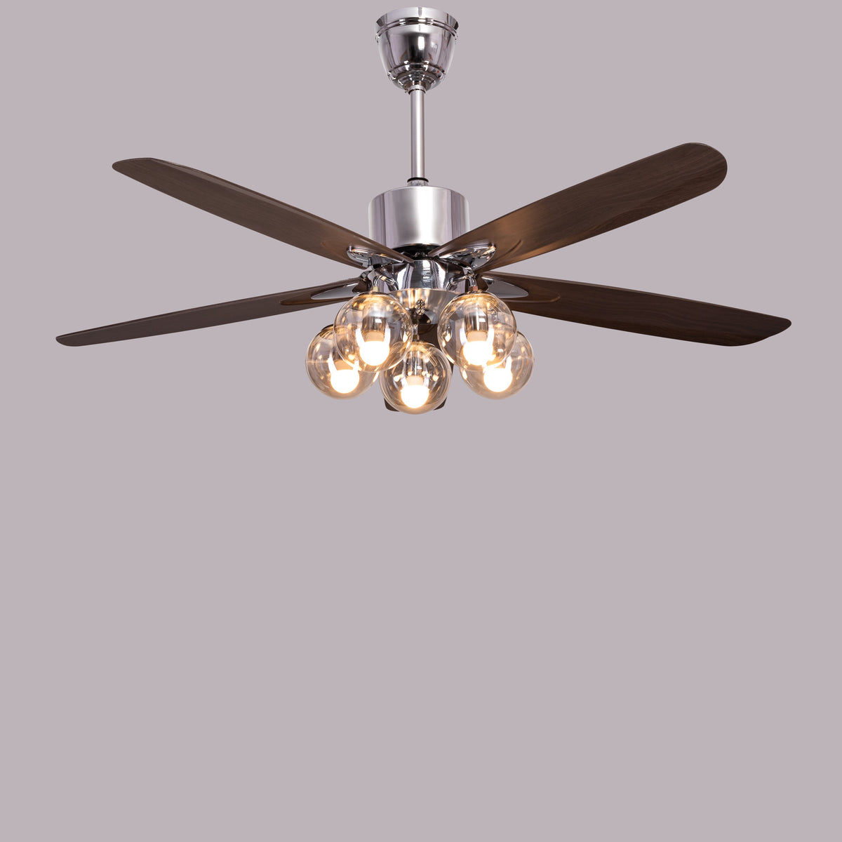 Bond Street (137 cm Span, Chrome Finish Metal Body, Walnut Finish ABS Blades) Chandelier Ceiling Fan