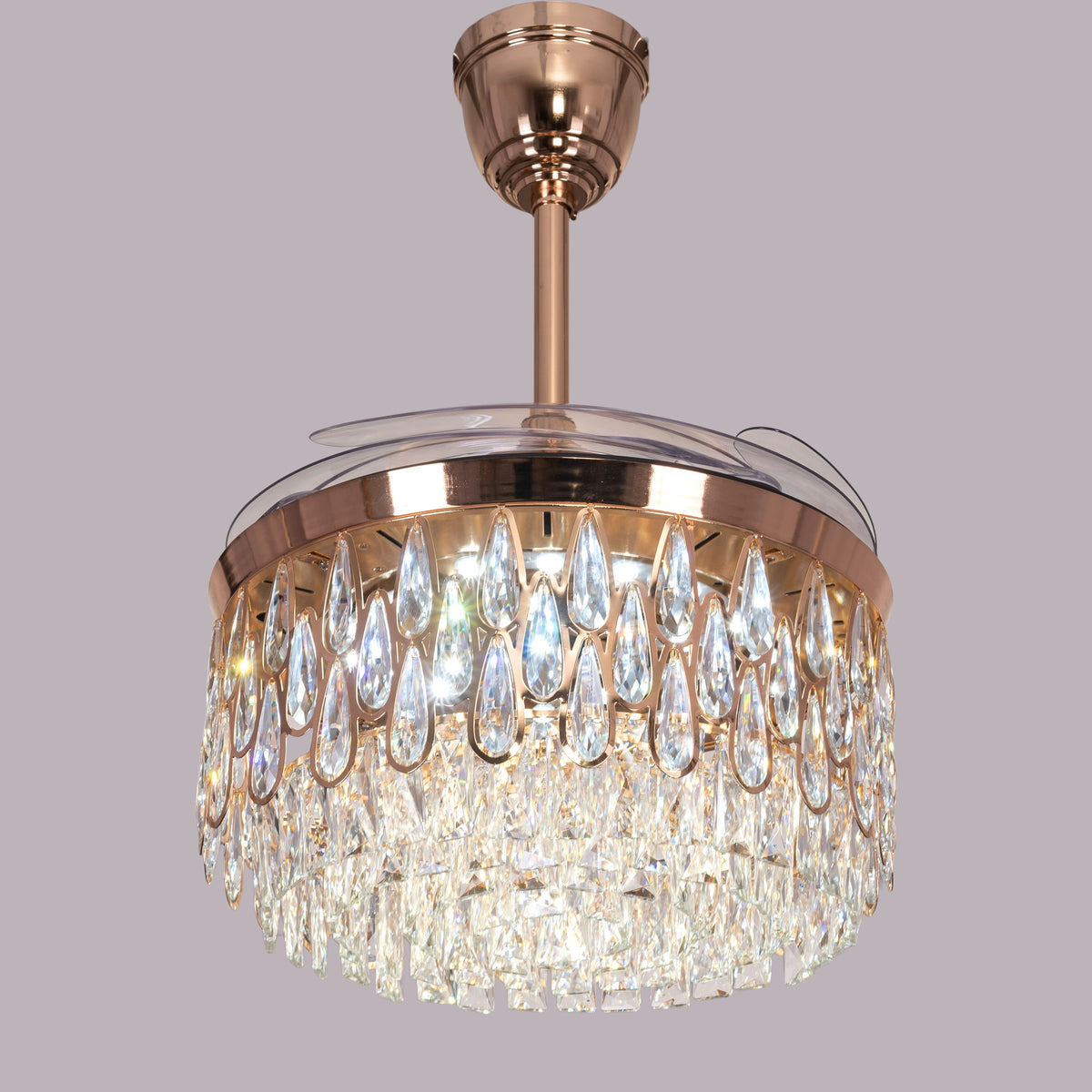 Flight Of Fancy (112 cm Span, Matte Gold Finish Metal Body, Transparent ABS Blades) Dimmable LEd With Remote Control Crystal Chandelier Ceiling Fan