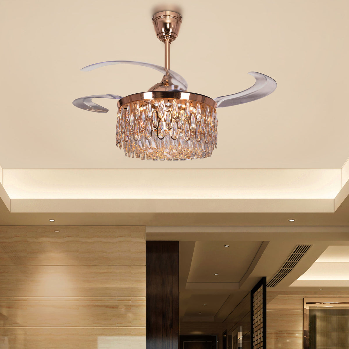 Flight Of Fancy (112 cm Span, Matte Gold Finish Metal Body, Transparent ABS Blades) Dimmable LEd With Remote Control Crystal Chandelier Ceiling Fan