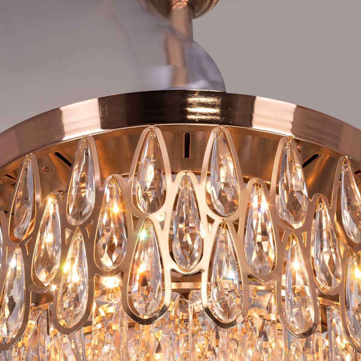 Flight Of Fancy (112 cm Span, Matte Gold Finish Metal Body, Transparent ABS Blades) Dimmable LEd With Remote Control Crystal Chandelier Ceiling Fan