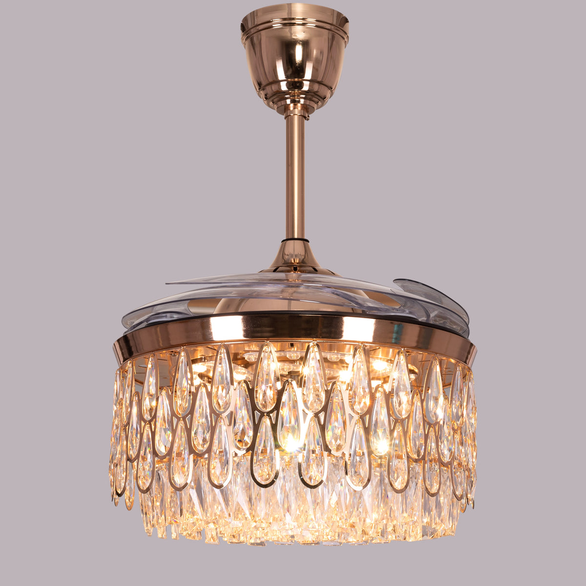 Flight Of Fancy (112 cm Span, Matte Gold Finish Metal Body, Transparent ABS Blades) Dimmable LEd With Remote Control Crystal Chandelier Ceiling Fan