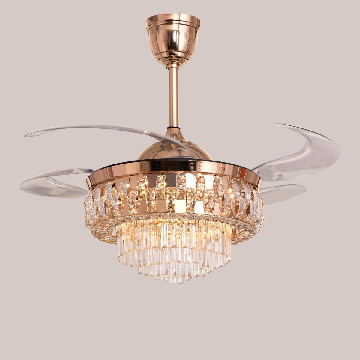 Major Missing (112 cm Span, Matte Gold Finish Metal Body, Transparent ABS Blades) Dimmable LED With Remote Control Crystal Chandelier Ceiling Fan