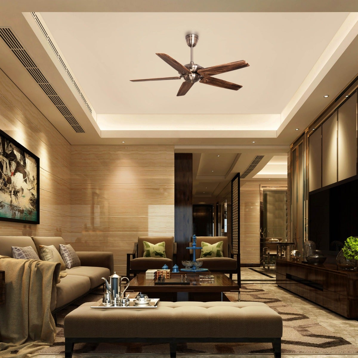Alameda (137 cm Span, Chrome Finish Metal Body, Walnut Finish Solid Wood Blades) Ceiling Fan