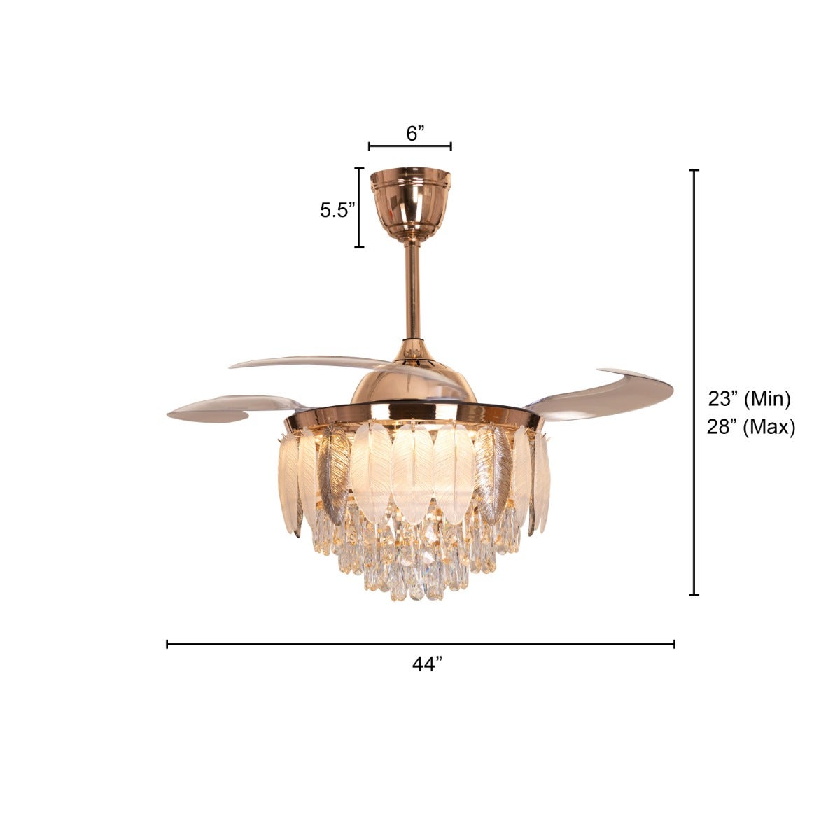 Silver Lining (112 cm Span, Matte Gold Finish Metal Body, Transparent ABS Blades) Dimmable LED With Remote Control Crystal Chandelier Ceiling Fan
