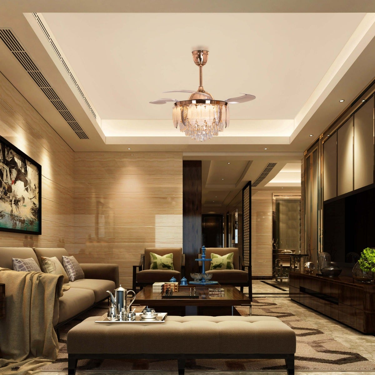 مروحة سقف كريستالية بتصميم Silver Lining (قطر 112 سم، هيكل معدني ذهبي غير لامع، شفرات ABS شفافة) مع إضاءة LED قابلة للتعتيم وجهاز تحكم عن بعد