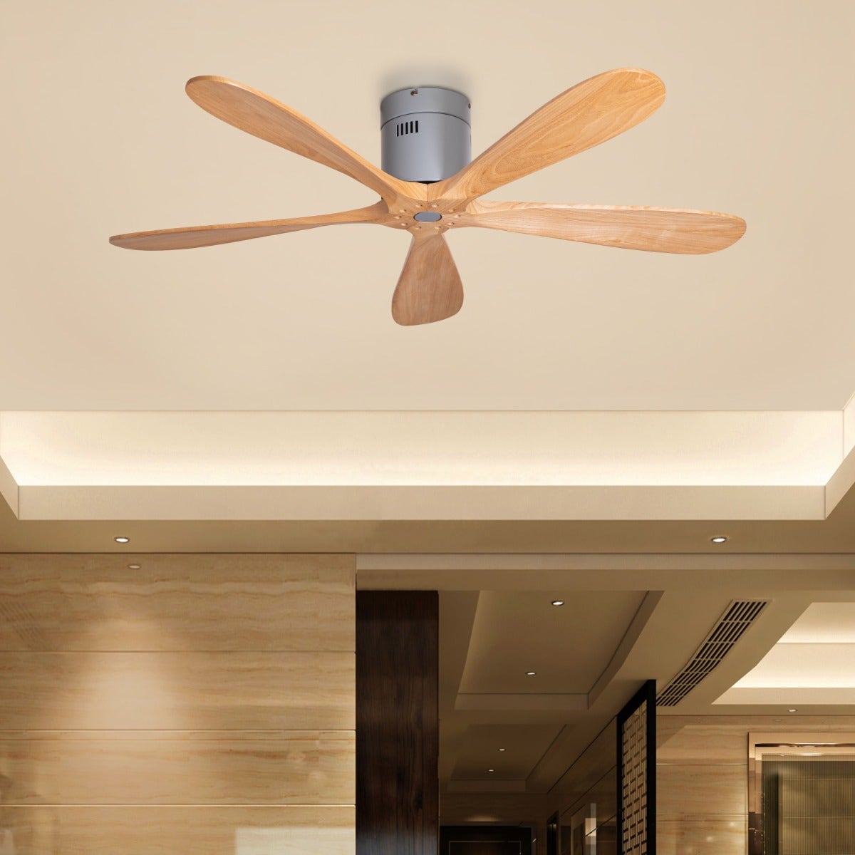 Carmel (132 cm Span, Grey Finish Metal Body, Maple Wood Finish Wooden Blades) Ceiling Fan