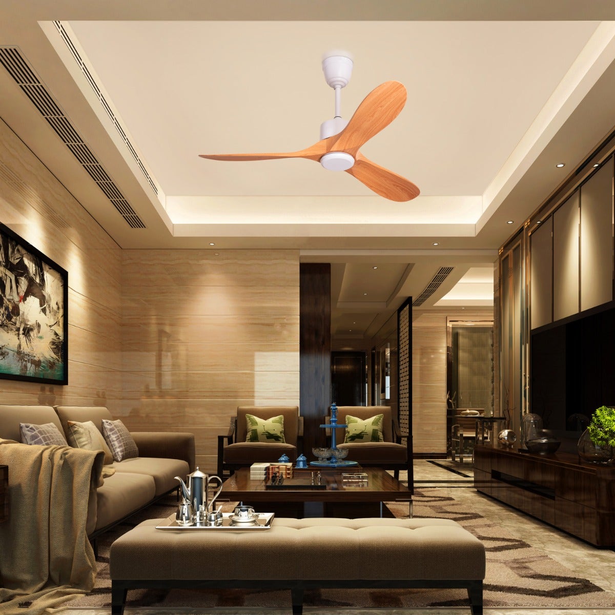 Tiburon (132 cm Span, White Finish Metal Body, Maple Wood Finish ABS Blades) Ceiling Fan
