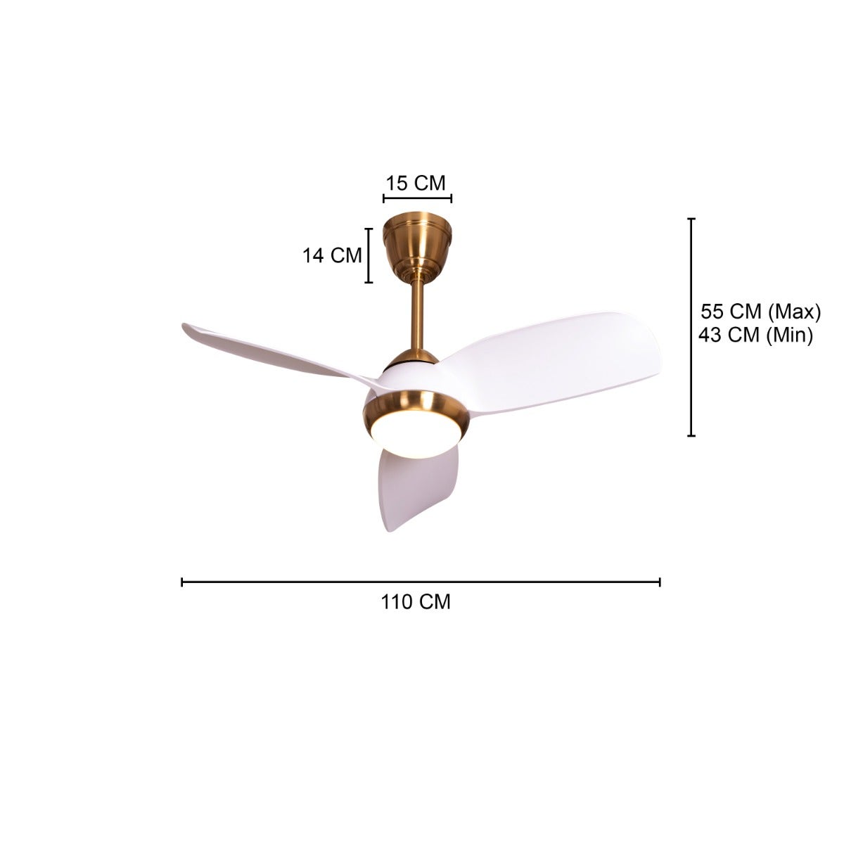 White Meadows (110 cm Span, Gold Finish Metal Body, White Finish ABS Blades) Dimmable LED With Remote Control Ceiling Fan