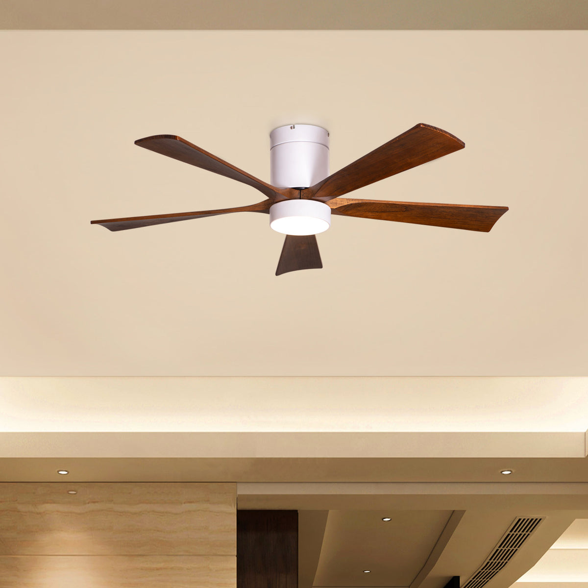 Peru Perfect (130 cm Span, White Finish Metal Body with Wooden Blades in Walnut Finish) 3 Color LED With Remote Control Ceiling Fan