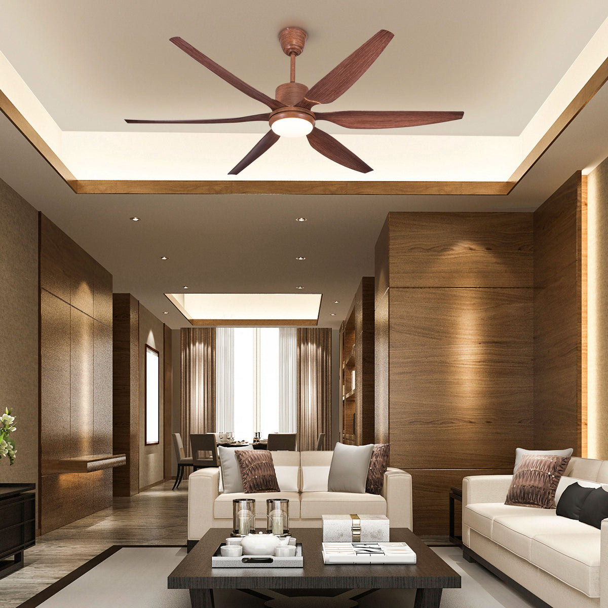 Monday Miracle (168 cm Span, Teak Finish Metal Body, Teak Finish ABS Blades) 3 Color LED With Remote Control Ceiling Fan