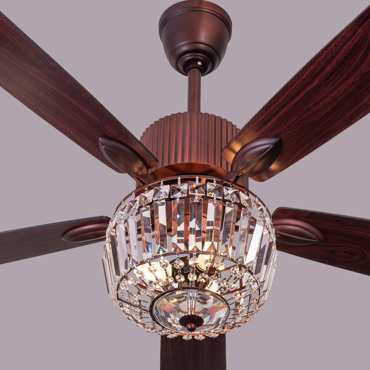 Encrusted (132 cm Span, Mahogany Color Metal Body, Mahogany Finish MDF Blades) Crystal Chandelier Ceiling Fan