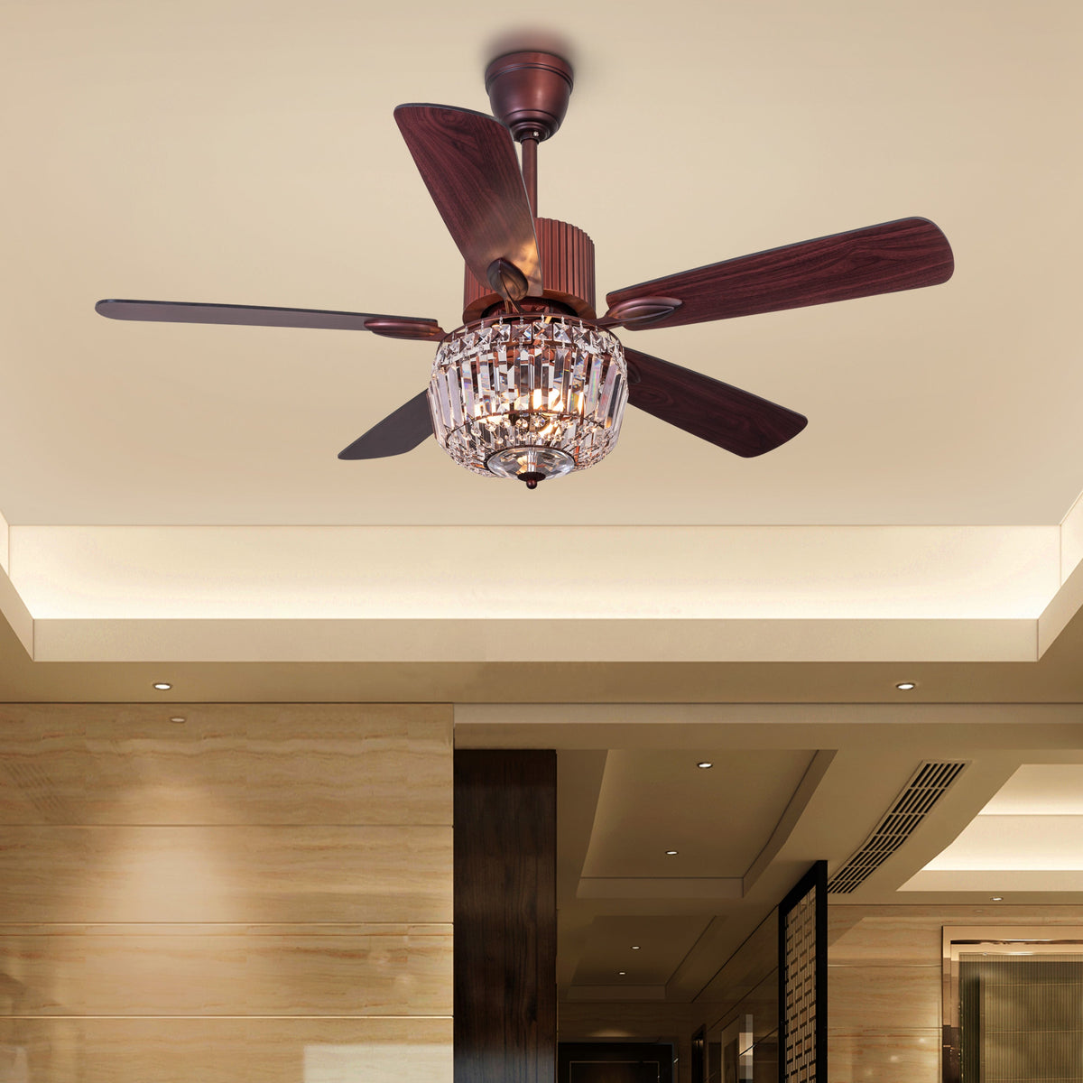 Encrusted (132 cm Span, Mahogany Color Metal Body, Mahogany Finish MDF Blades) Crystal Chandelier Ceiling Fan
