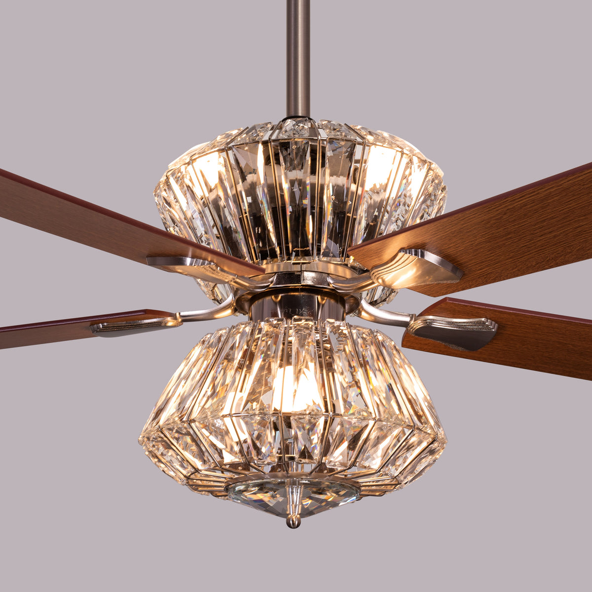 Embellished (132 cm Span, Chrome Finish Metal Body, Mahogany Finish Wooden Blade) Crystal Chandelier Ceiling Fan
