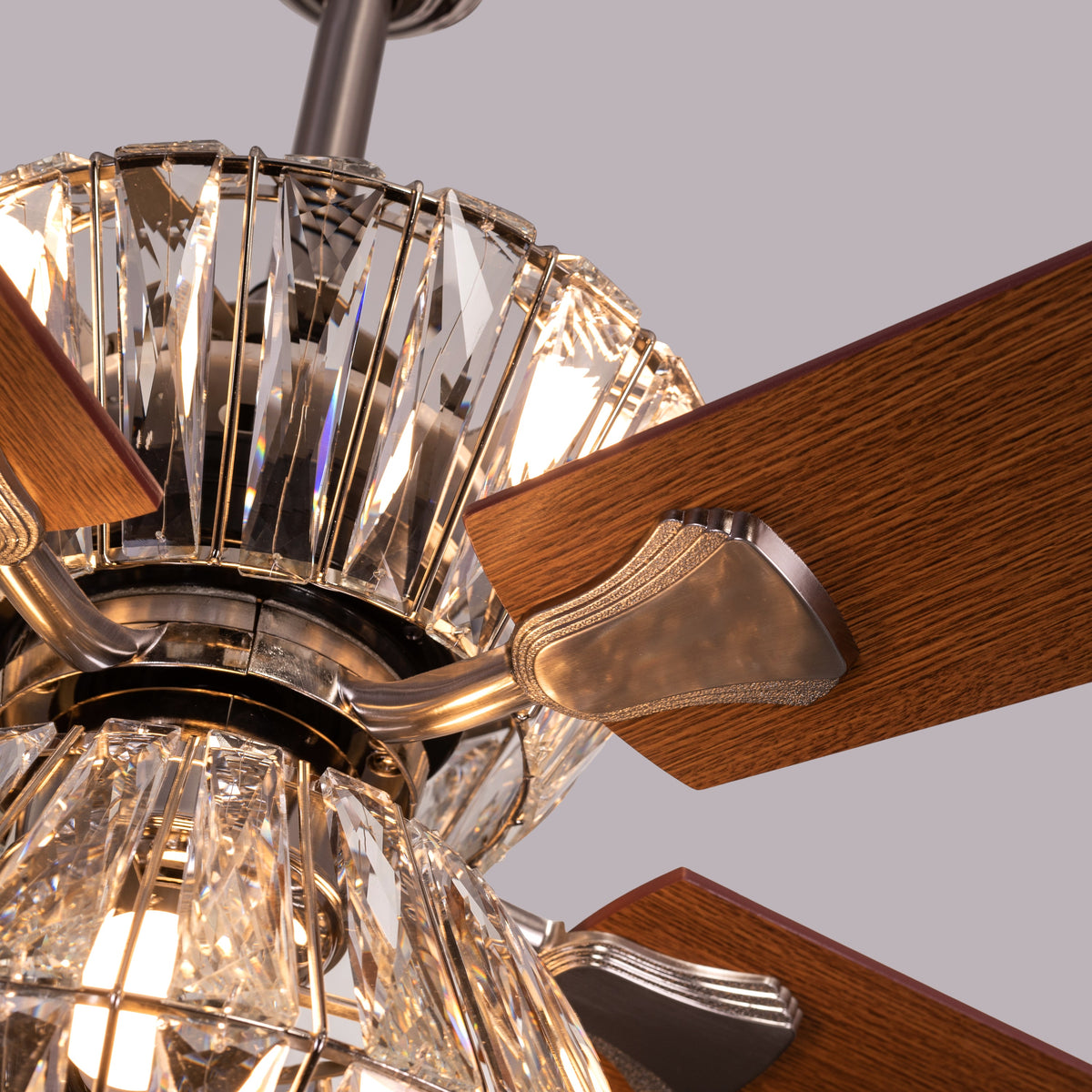 Embellished (132 cm Span, Chrome Finish Metal Body, Mahogany Finish Wooden Blade) Crystal Chandelier Ceiling Fan