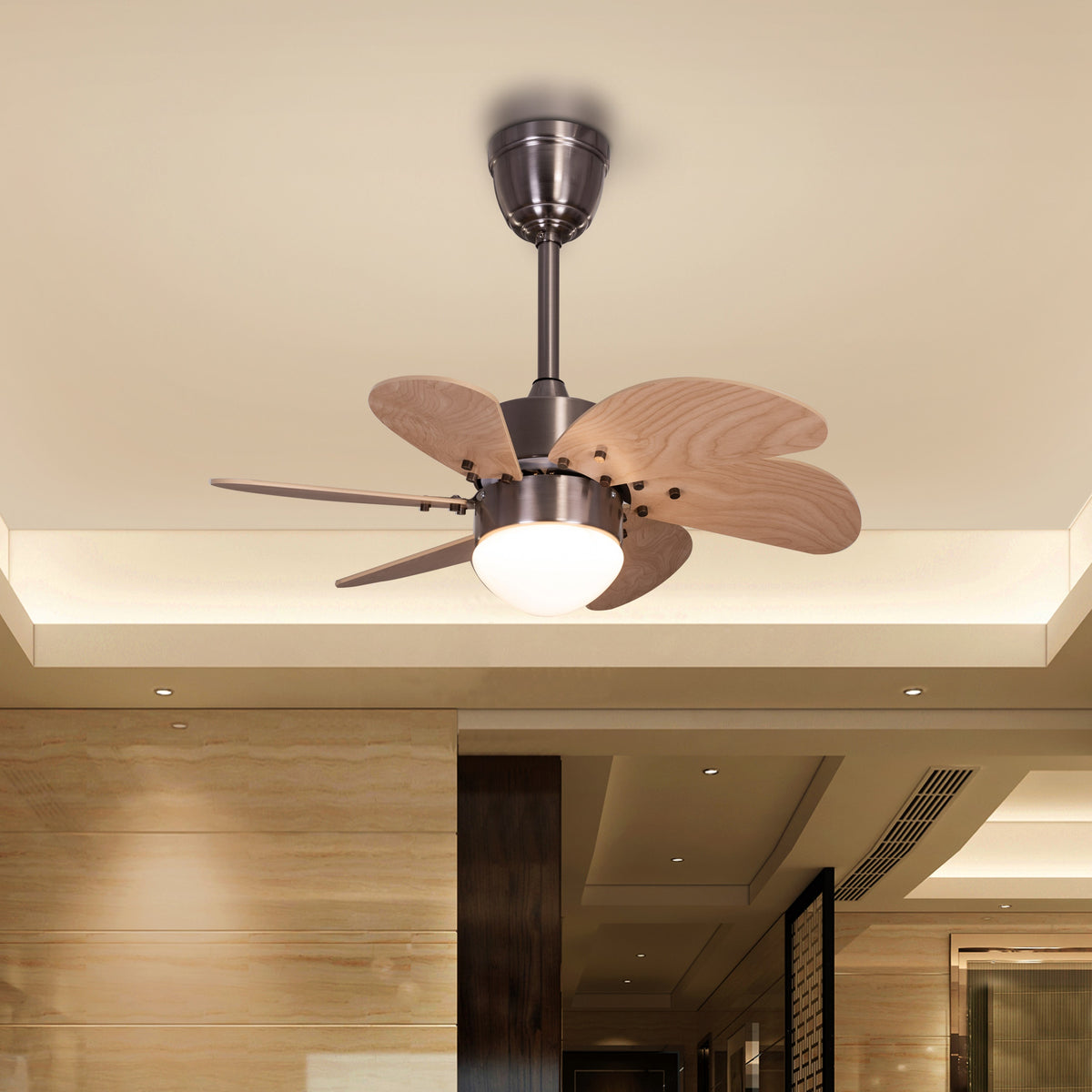 Casablanca (76 cm Span, Chrome Finish Metal Body, Maple Finish MDF Blades) Dimmable LED With Remote Control Ceiling Fan