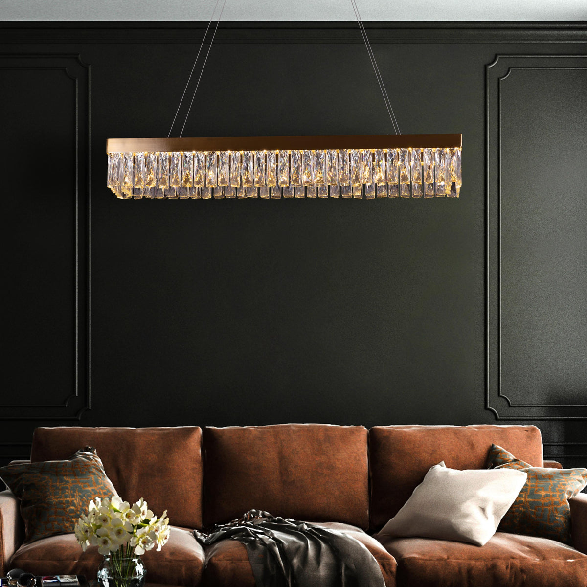 Through The Fire (Large, Gold, Dimmable LED with Remote Control) Rectangular Crystal Chandelier
