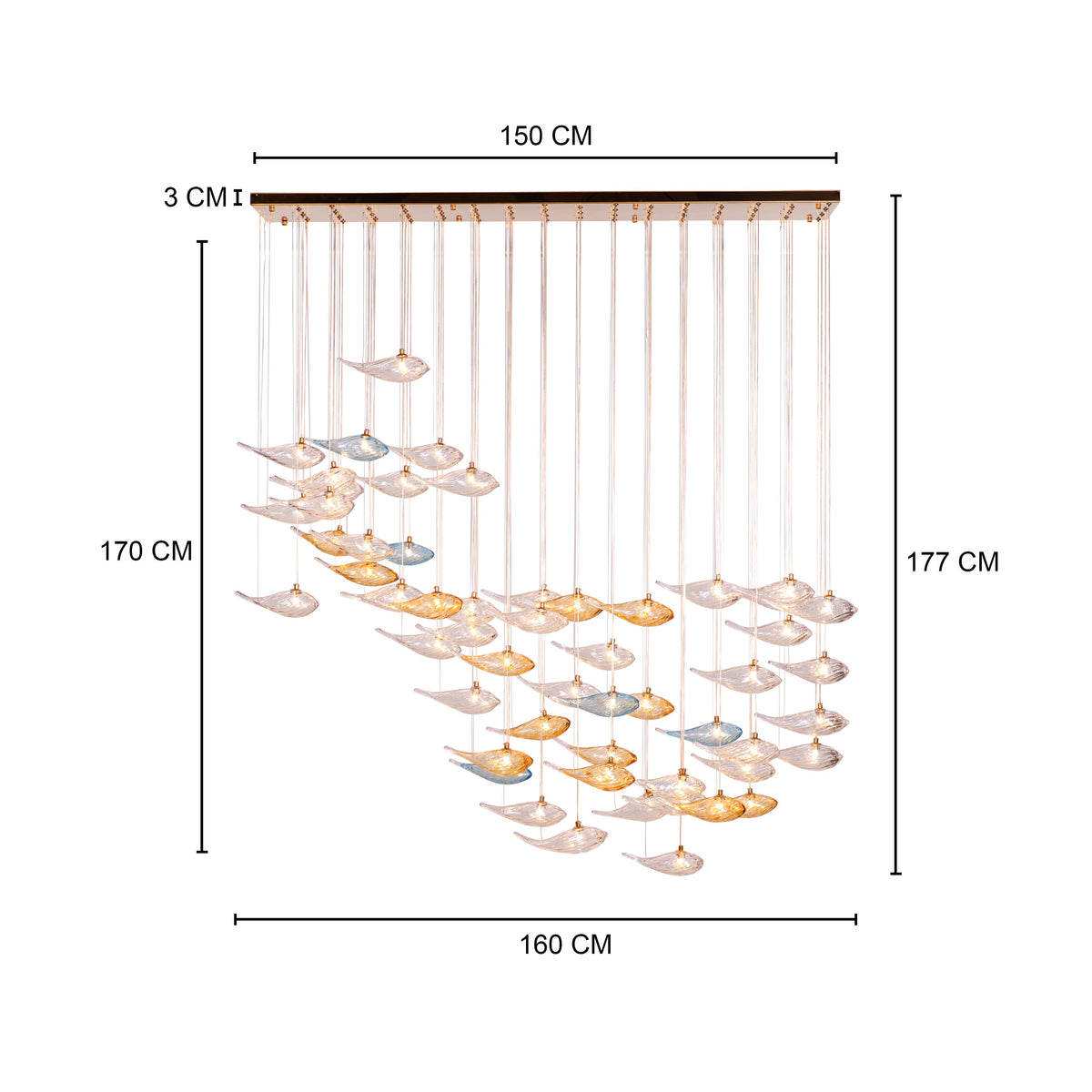 Swim With The Tide (Large, Gold, Clear, Amber) Textured Glass Double Height Chandelier