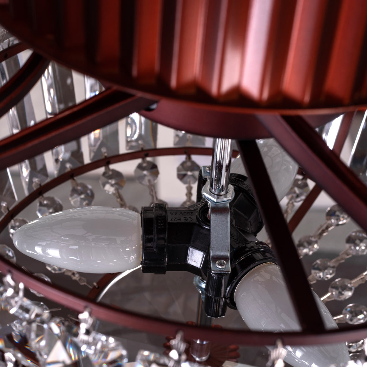 Encrusted (132 cm Span, Mahogany Color Metal Body, Mahogany Finish MDF Blades) Crystal Chandelier Ceiling Fan