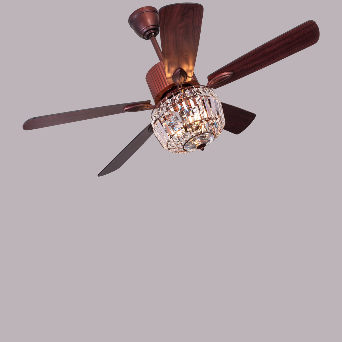 Encrusted (132 cm Span, Mahogany Color Metal Body, Mahogany Finish MDF Blades) Crystal Chandelier Ceiling Fan