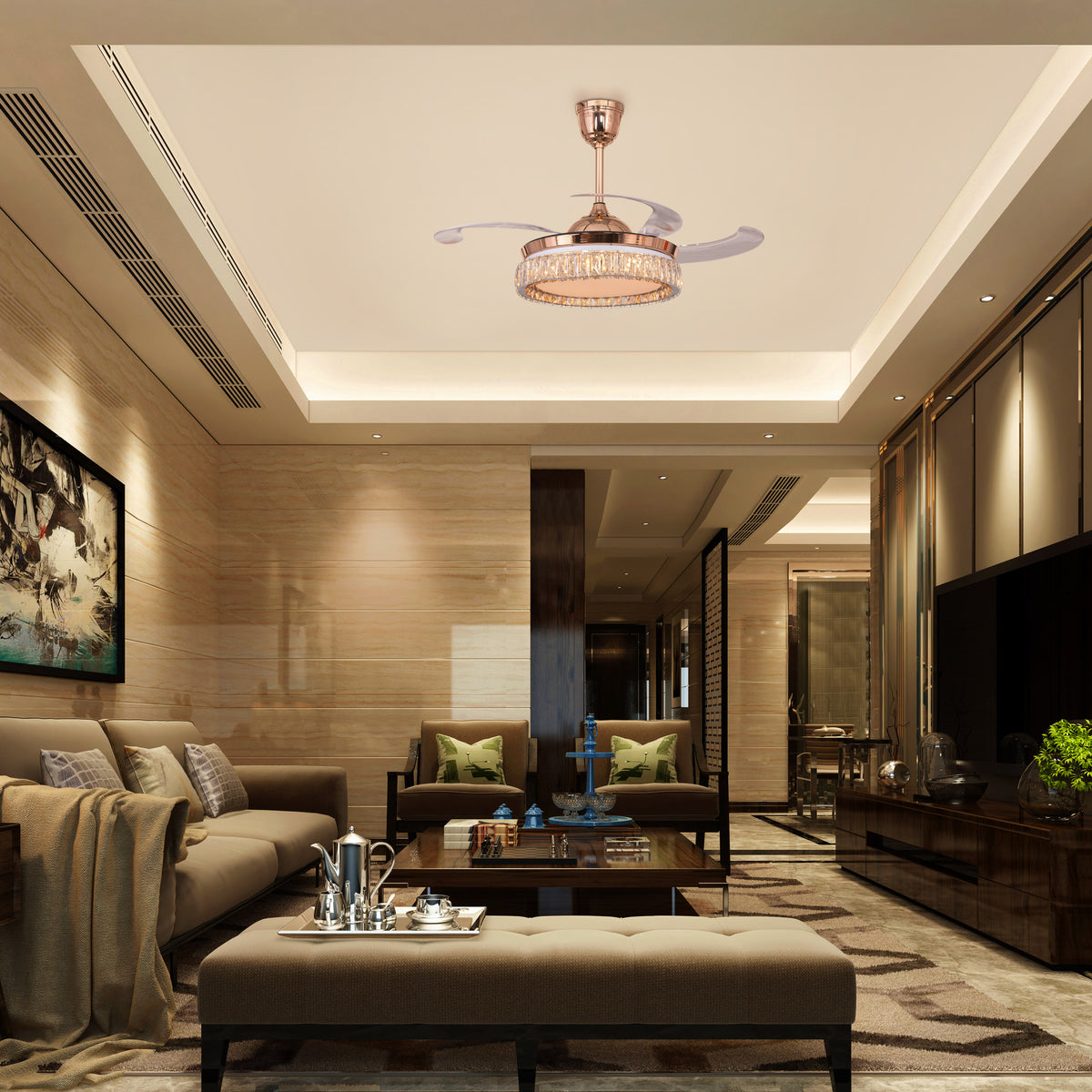 Through The Fire (112 cm Span, Matte Gold Finish Metal Body, Transparent ABS Plastic) 3 Color LED With Remote Control Crystal Chandelier Ceiling Fan