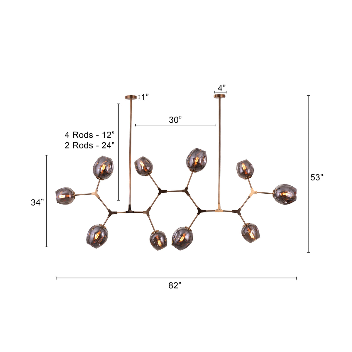 Games People Play (Large, Gold, Smokey Grey, 10 Head) Glass Chandelier