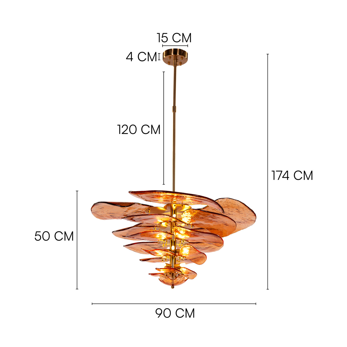 Luminous Lotus (Large, Gold, Amber) Tinted Glass Chandelier