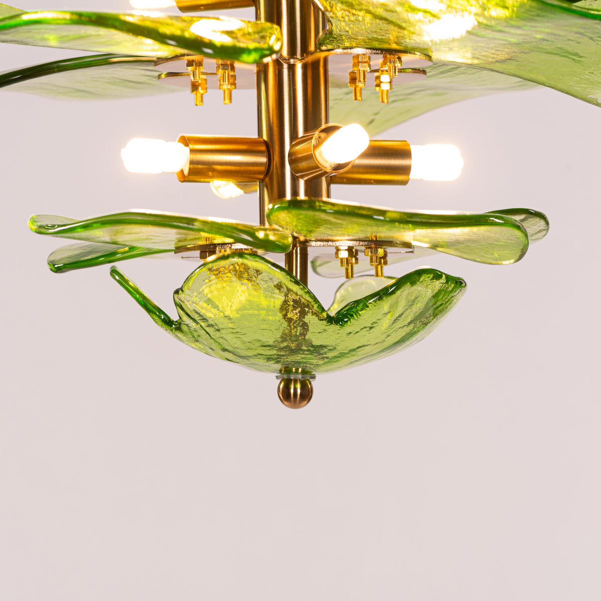 Luminous Lotus (Large, Gold, Green) Tinted Glass Chandelier