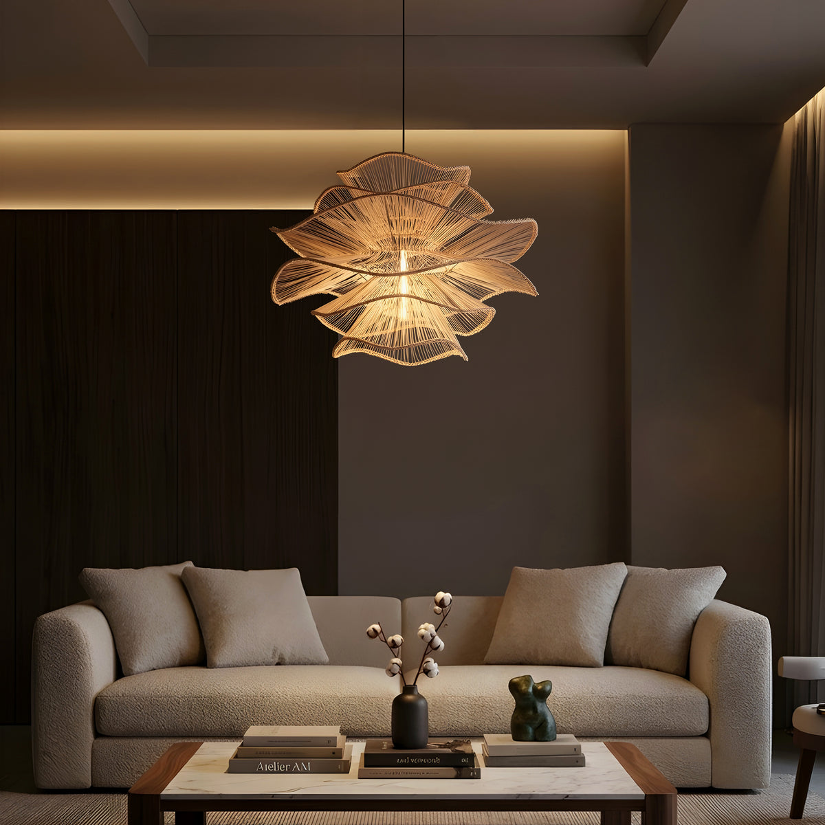 Seashell Whisper (Beige) Rattan Chandelier