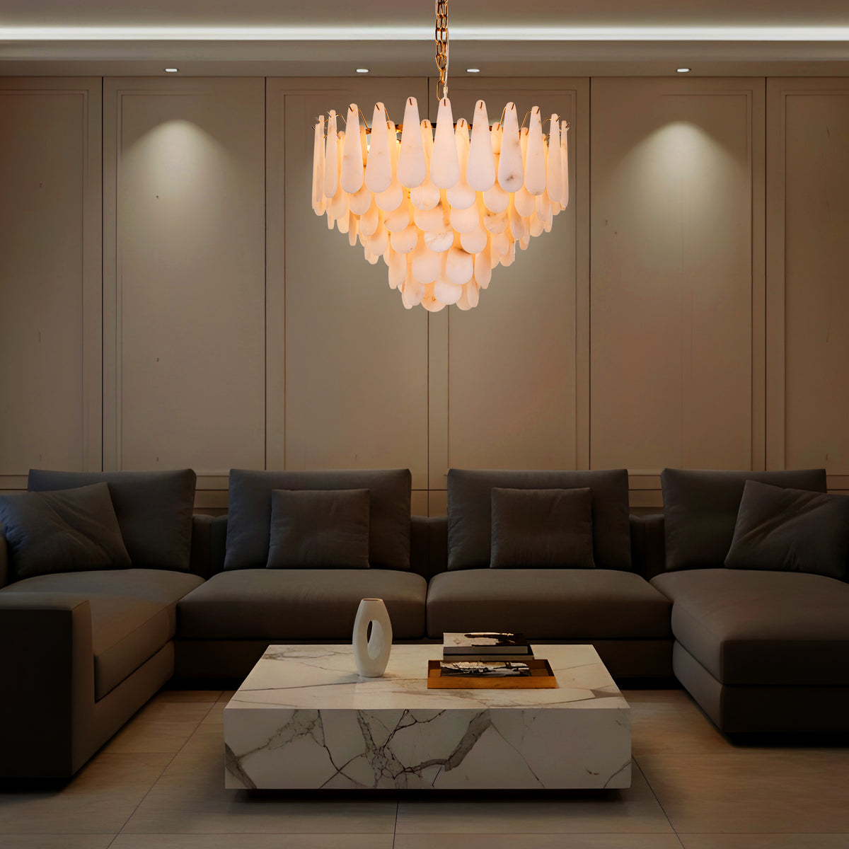 Ivory Cascade (Gold, White) Alabaster Chandelier