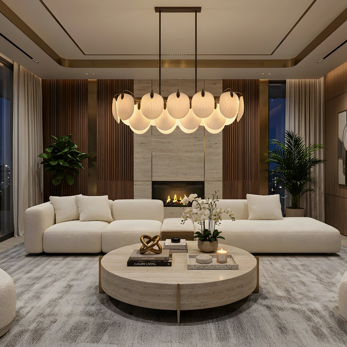 Petaline (Long, Brown, White) Ceramic Chandelier