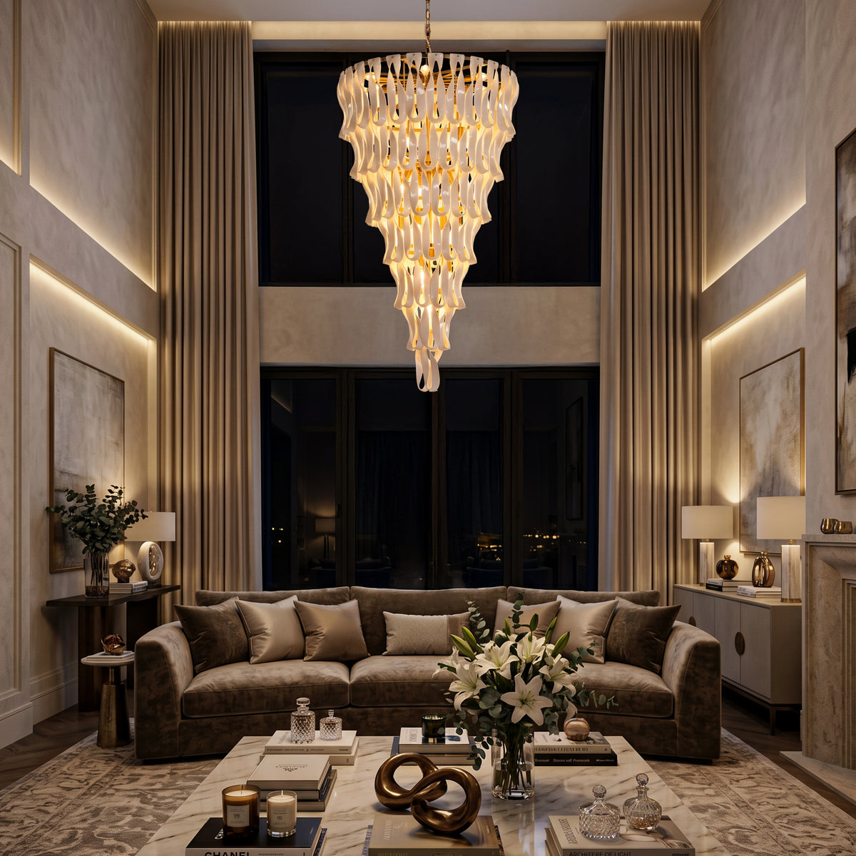 Vera (Gold, White) Ceramic Double Height Chandelier