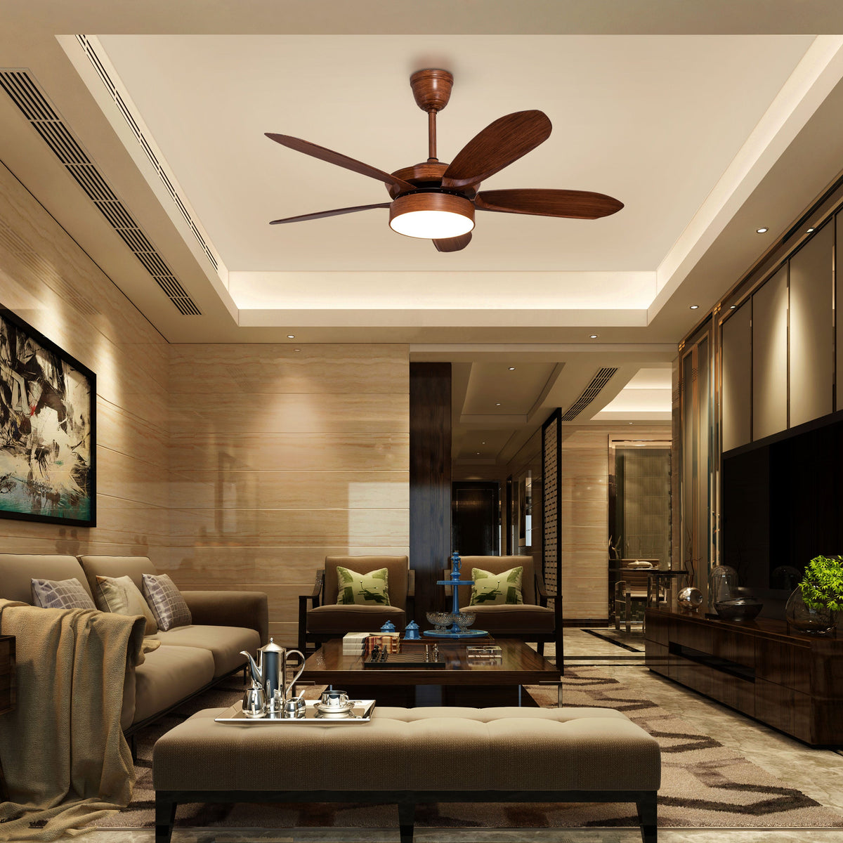 King's Cross (132 cm Span, Teak Finish Metal Body, Teak Finish ABS Blades) Dimmable LED With Remote Control Ceiling Fan