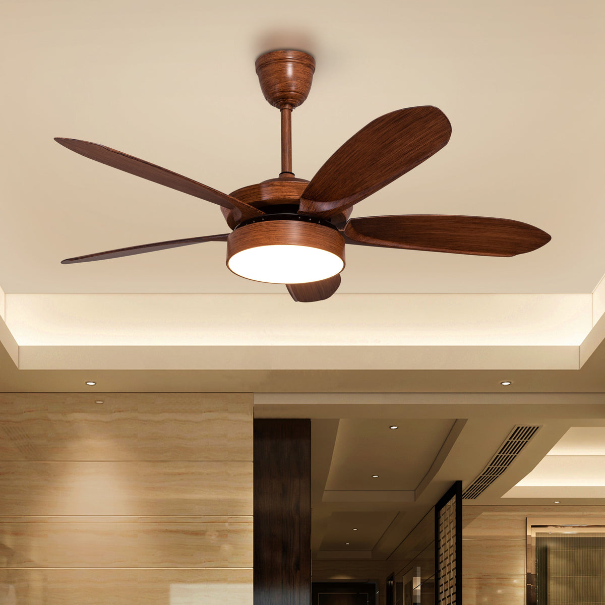 King's Cross (132 cm Span, Teak Finish Metal Body, Teak Finish ABS Blades) Dimmable LED With Remote Control Ceiling Fan