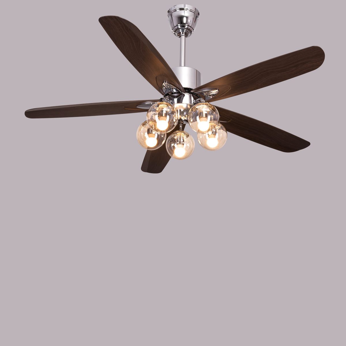 Bond Street (137 cm Span, Chrome Finish Metal Body, Walnut Finish ABS Blades) Chandelier Ceiling Fan