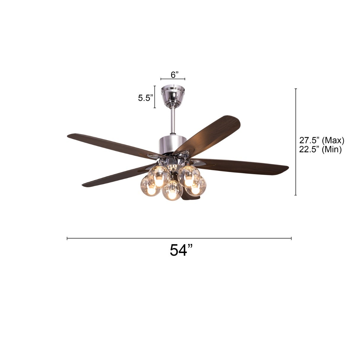Bond Street (137 cm Span, Chrome Finish Metal Body, Walnut Finish ABS Blades) Chandelier Ceiling Fan