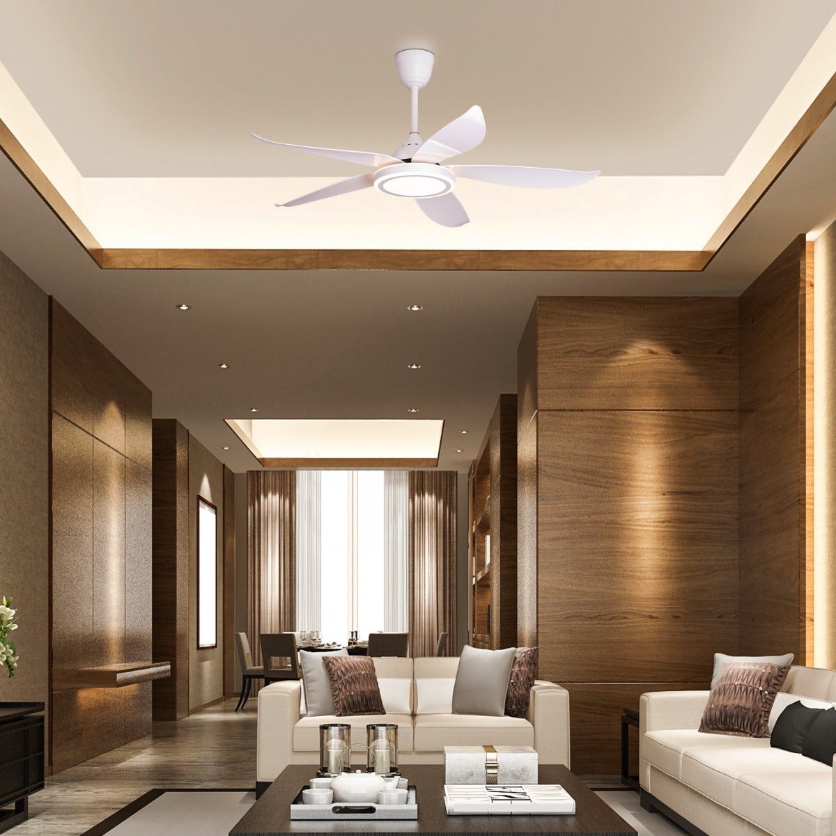 Oxford Street (140 cm Span, White Finish Metal Body, Glossy White ABS Blades) 3 Color Dimmable LED With Remote Control Ceiling Fan