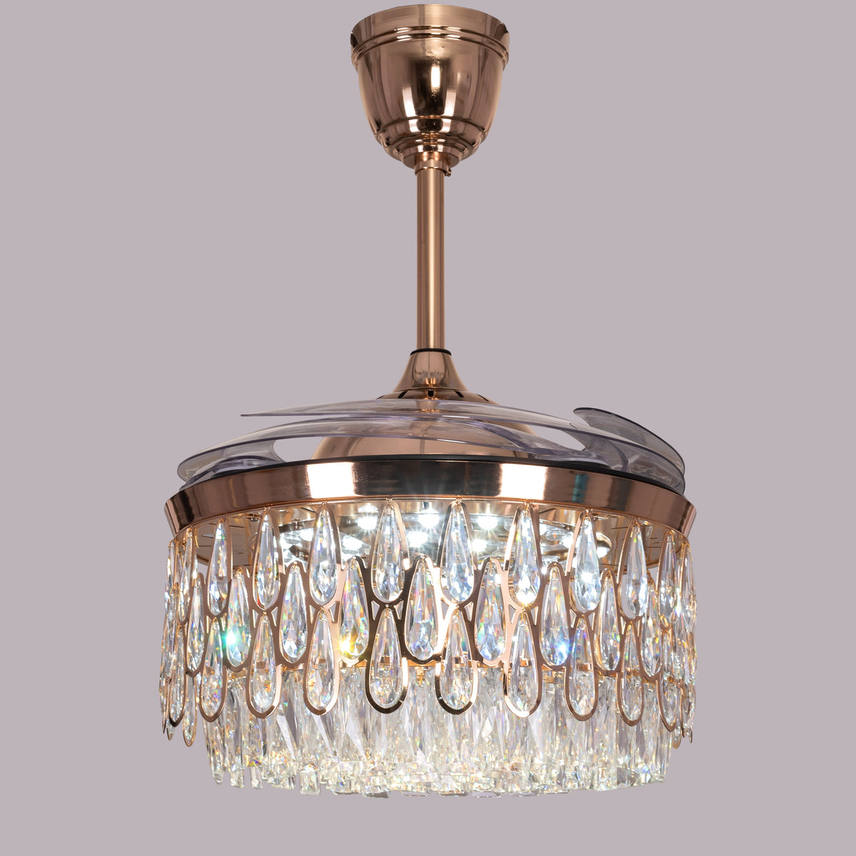 Flight Of Fancy (112 cm Span, Matte Gold Finish Metal Body, Transparent ABS Blades) Dimmable LEd With Remote Control Crystal Chandelier Ceiling Fan