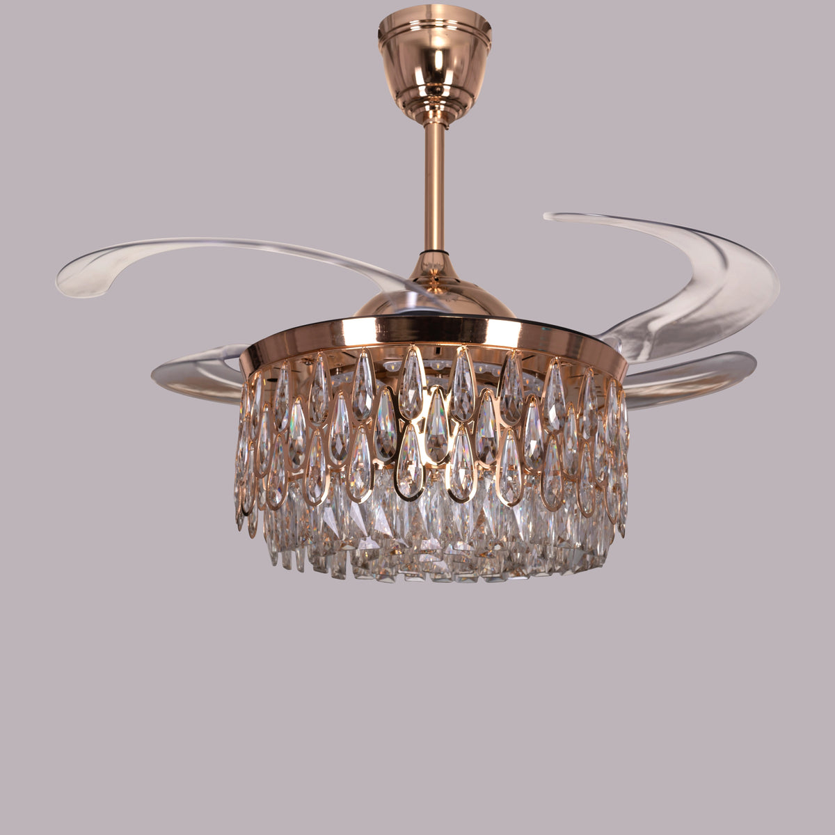 Flight Of Fancy (112 cm Span, Matte Gold Finish Metal Body, Transparent ABS Blades) Dimmable LEd With Remote Control Crystal Chandelier Ceiling Fan