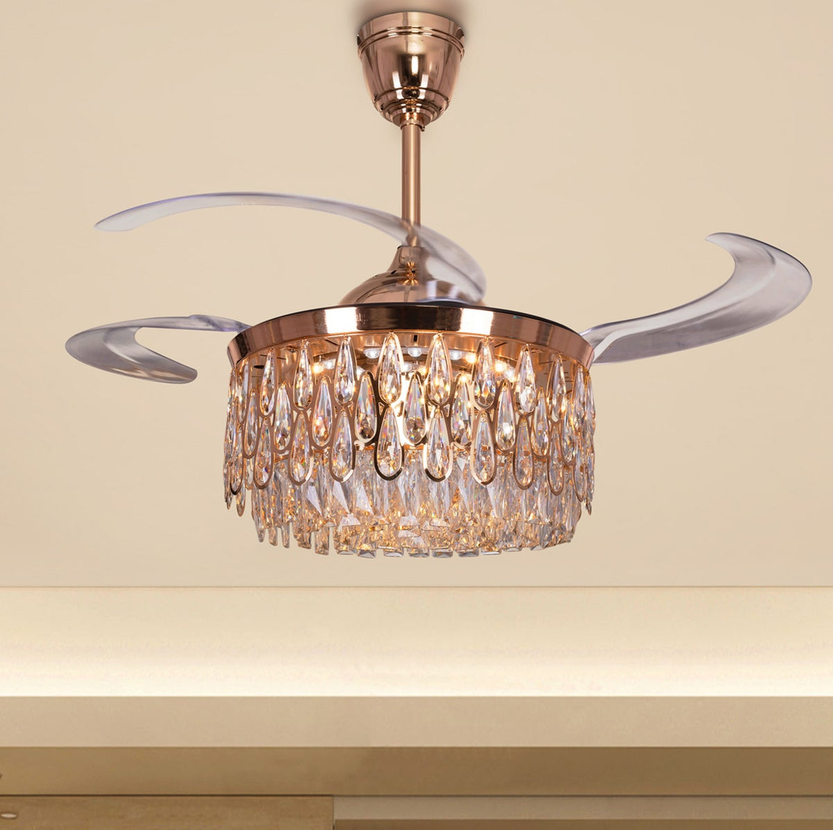 Flight Of Fancy (112 cm Span, Matte Gold Finish Metal Body, Transparent ABS Blades) Dimmable LEd With Remote Control Crystal Chandelier Ceiling Fan