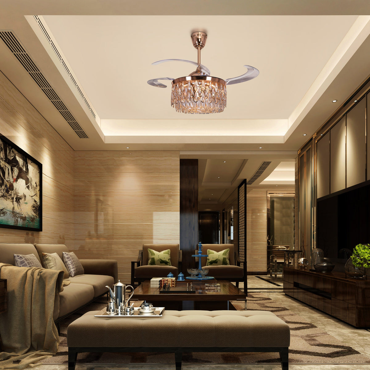 Flight Of Fancy (112 cm Span, Matte Gold Finish Metal Body, Transparent ABS Blades) Dimmable LEd With Remote Control Crystal Chandelier Ceiling Fan