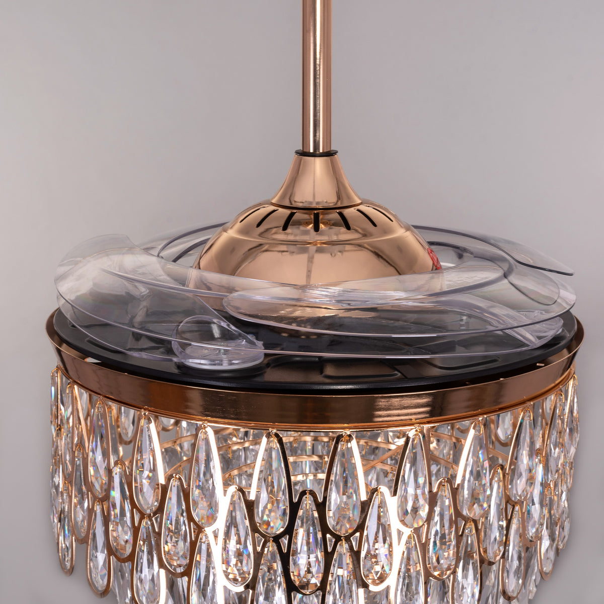 Flight Of Fancy (112 cm Span, Matte Gold Finish Metal Body, Transparent ABS Blades) Dimmable LEd With Remote Control Crystal Chandelier Ceiling Fan