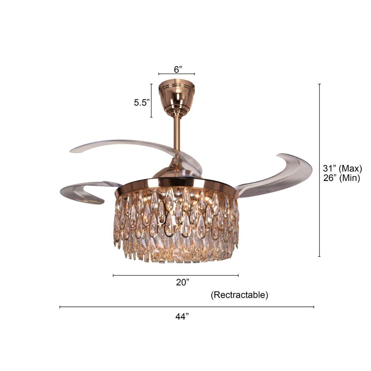 Flight Of Fancy (112 cm Span, Matte Gold Finish Metal Body, Transparent ABS Blades) Dimmable LEd With Remote Control Crystal Chandelier Ceiling Fan