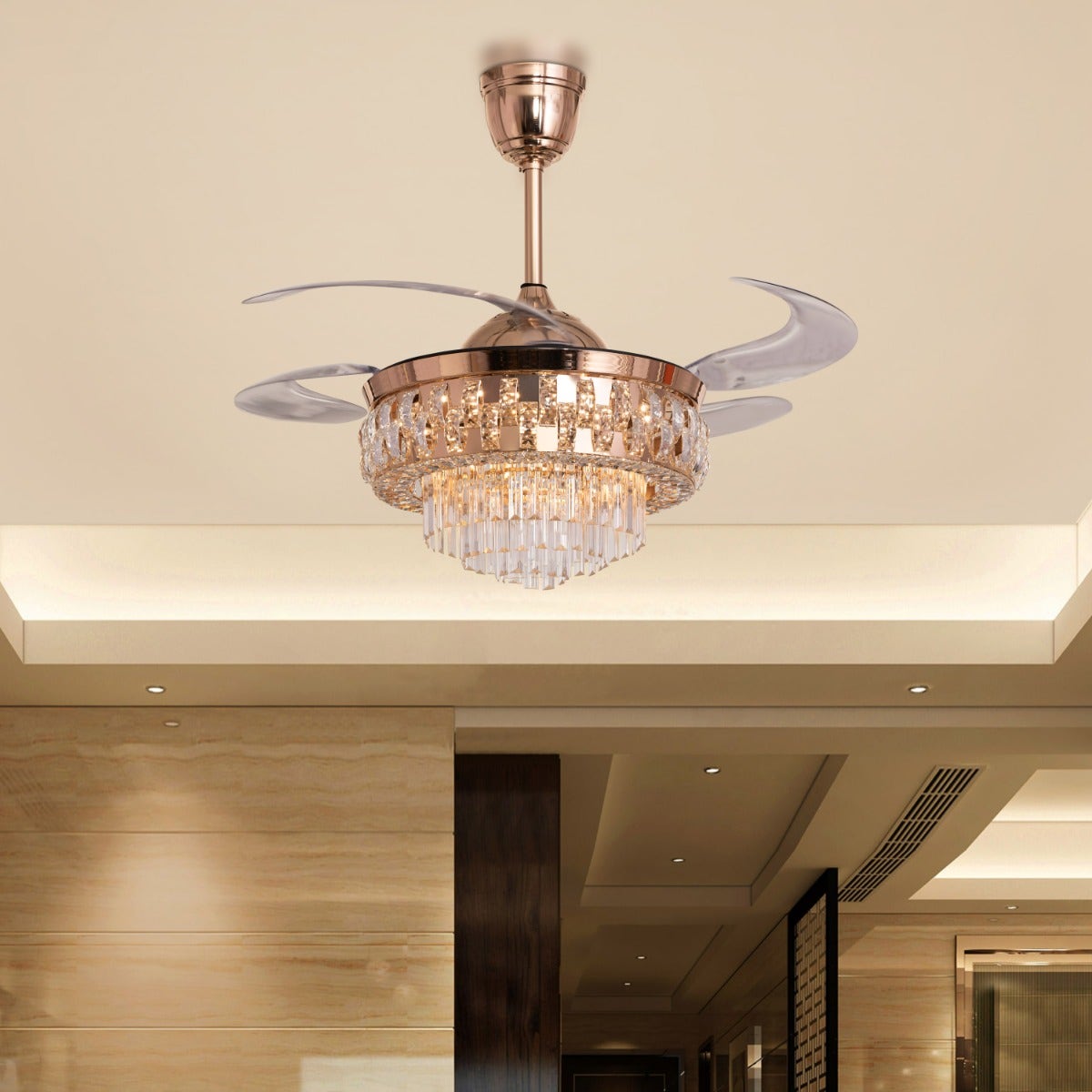 Major Missing (112 cm Span, Matte Gold Finish Metal Body, Transparent ABS Blades) Dimmable LED With Remote Control Crystal Chandelier Ceiling Fan