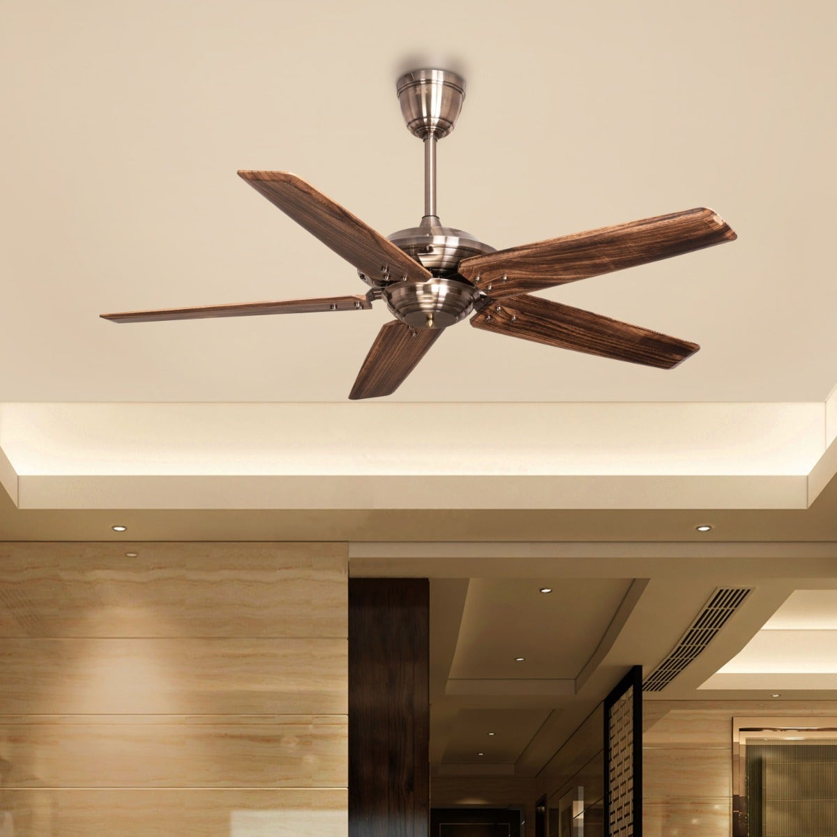 Alameda (137 cm Span, Chrome Finish Metal Body, Walnut Finish Solid Wood Blades) Ceiling Fan