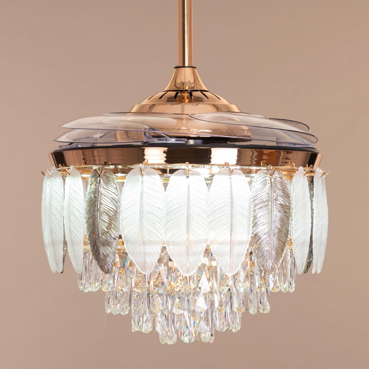 Silver Lining (112 cm Span, Matte Gold Finish Metal Body, Transparent ABS Blades) Dimmable LED With Remote Control Crystal Chandelier Ceiling Fan