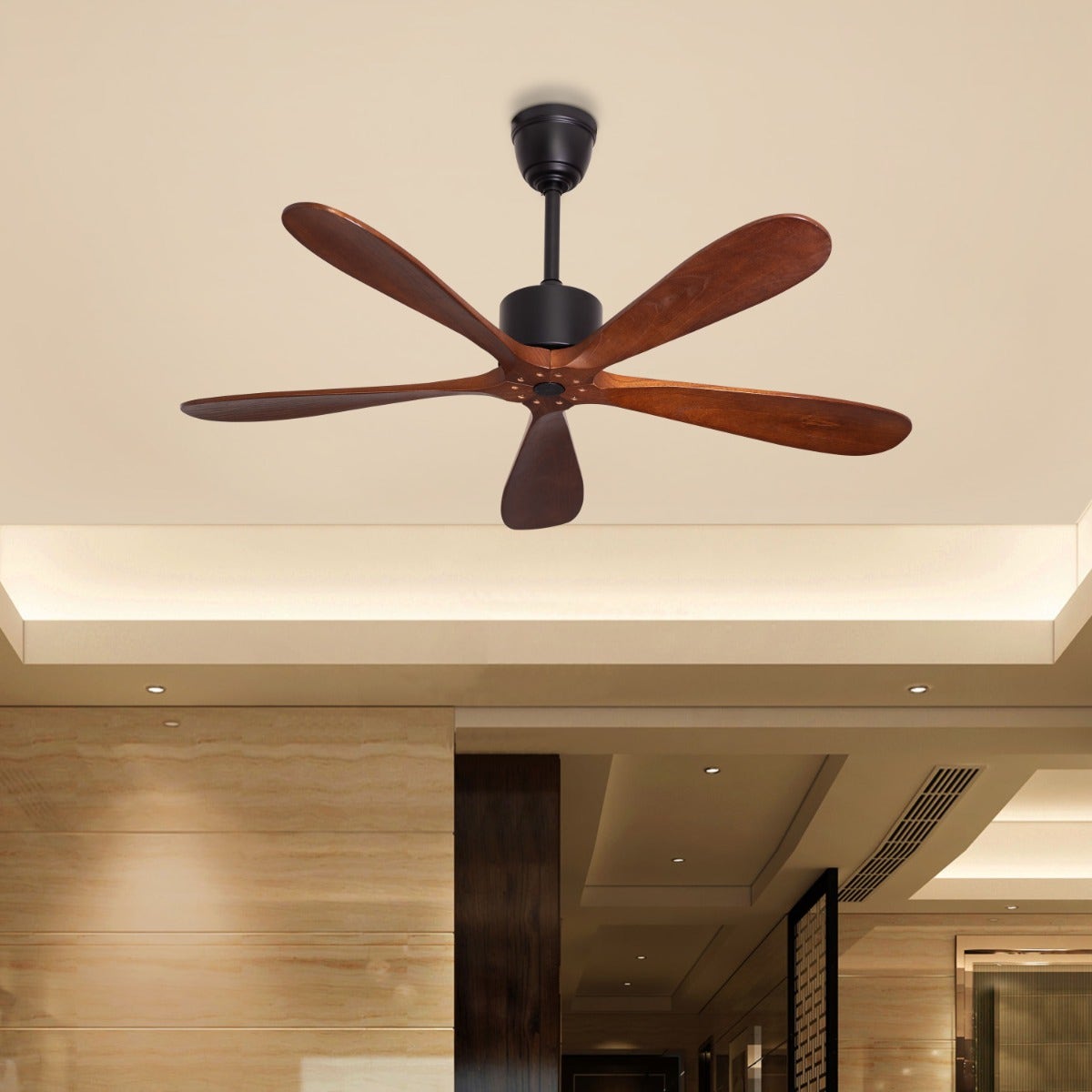 Bellagio (132 cm Span, Black Finish Metal Body, Teak Wood Finish Solid Wooden Blades) Ceiling Fan