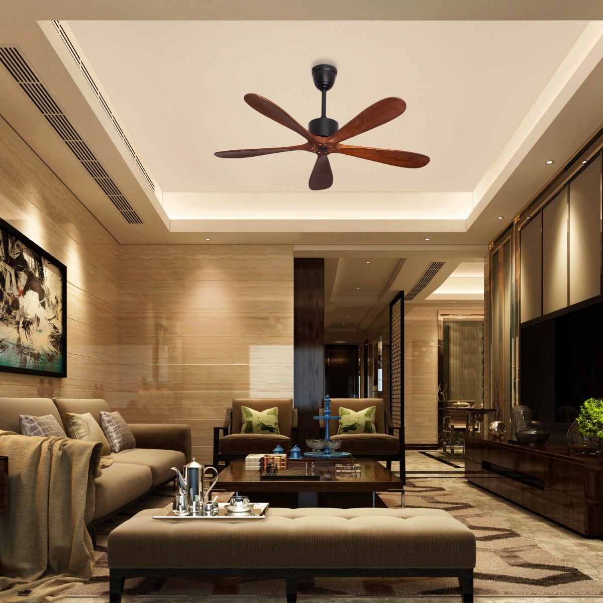 Bellagio (132 cm Span, Black Finish Metal Body, Teak Wood Finish Solid Wooden Blades) Ceiling Fan